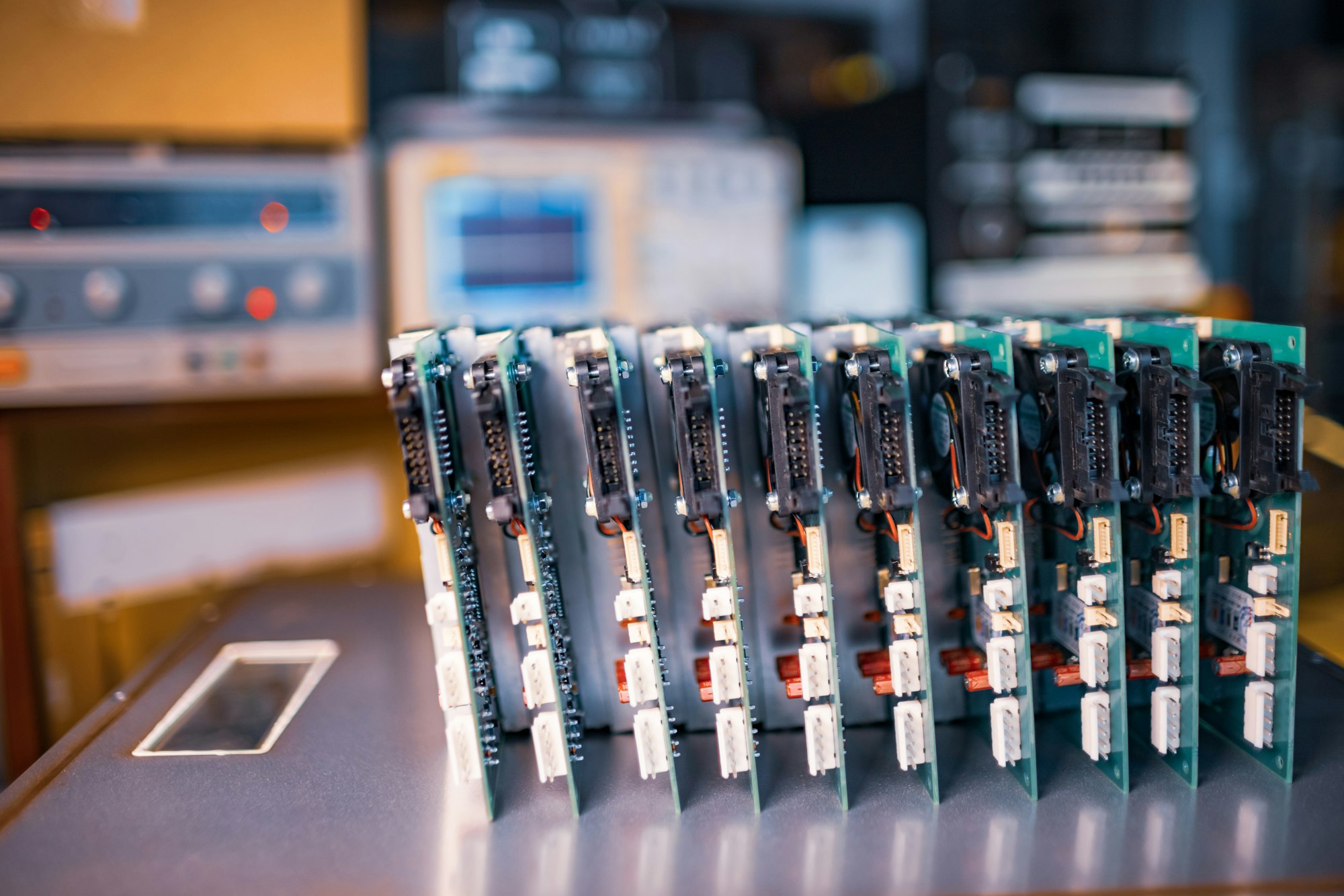 Close-up electric green embedded microcircuits in production