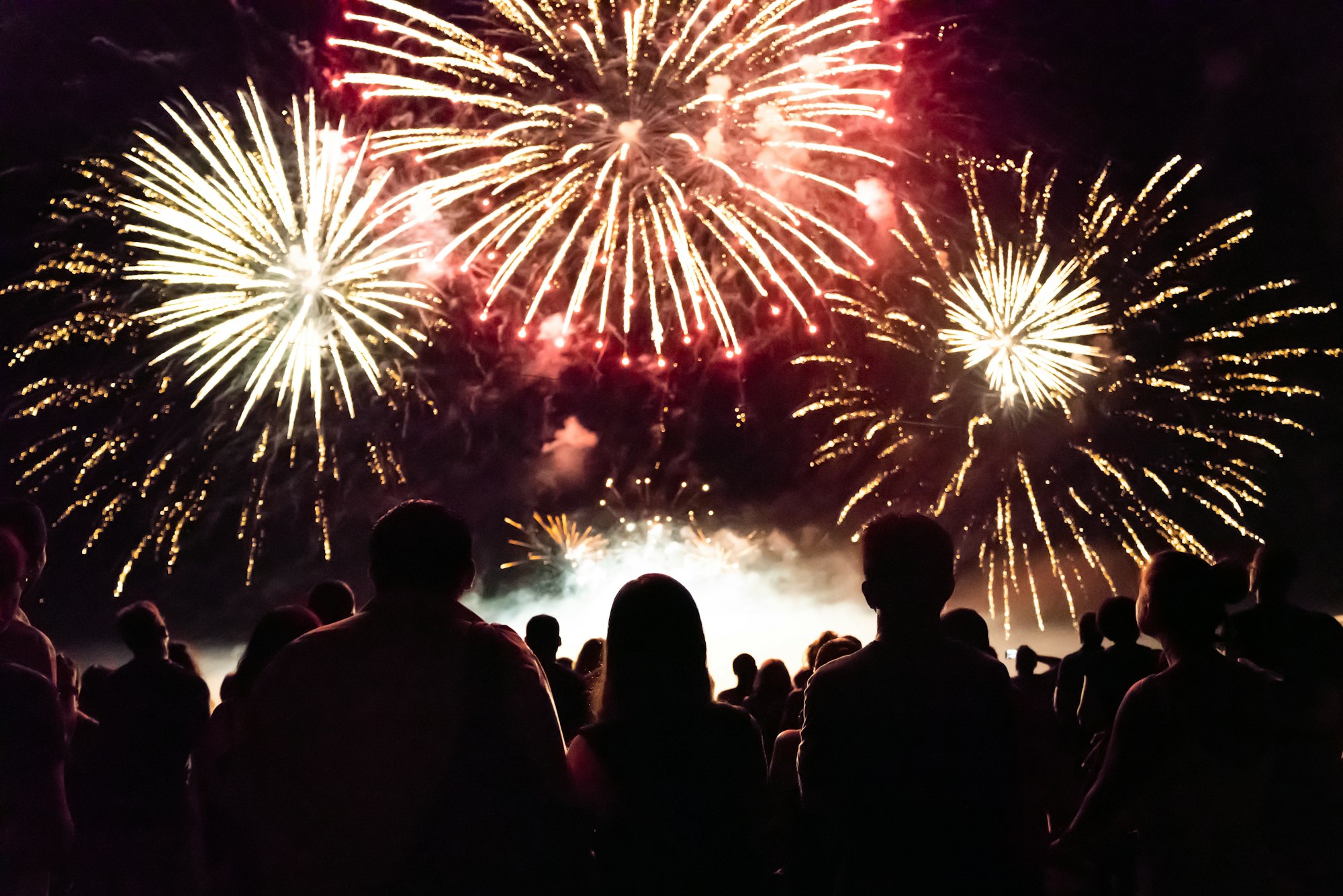 Crowd watching fireworks and celebrating new year eve